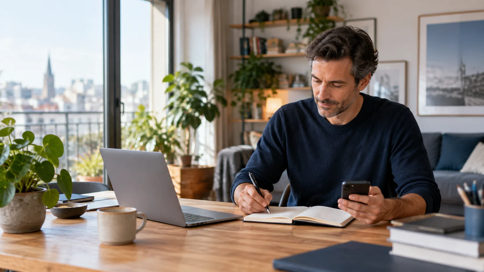 In Ruhe am Laptop persönliche Unterlagen und nächste Schritte planen