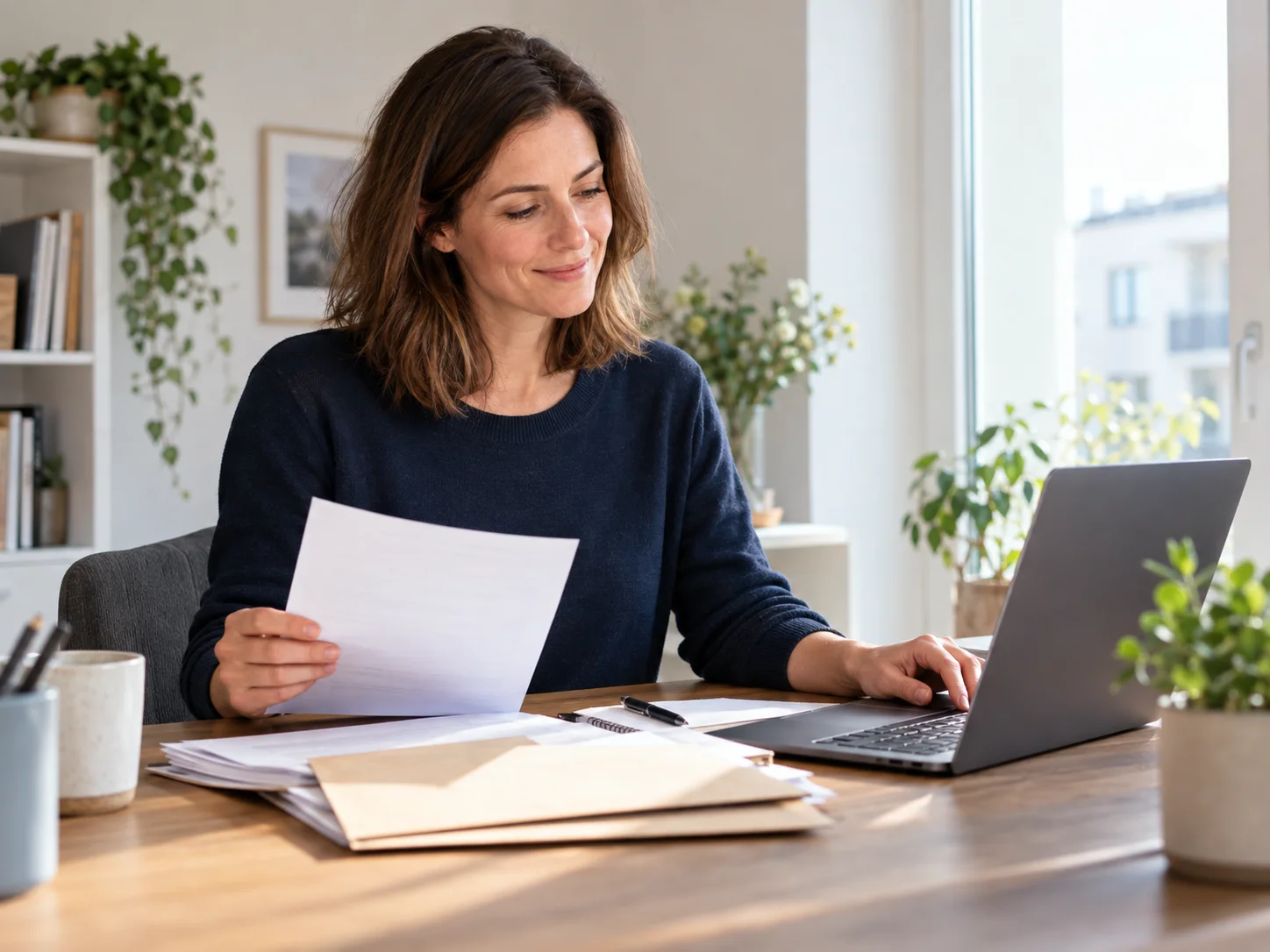 Frau prüft Unterlagen am Laptop