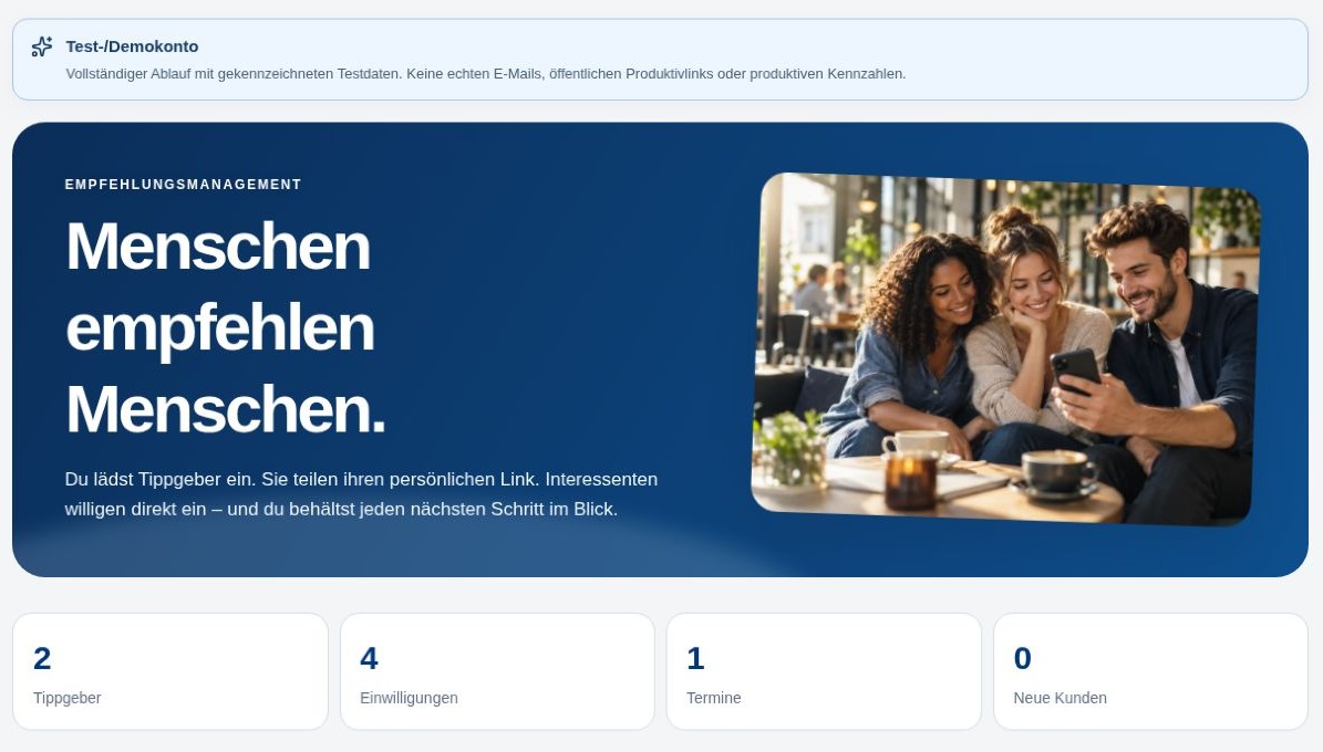 Echtes Empfehlungsdashboard mit synthetischen Demo-Kennzahlen und sichtbarer Testkennzeichnung.