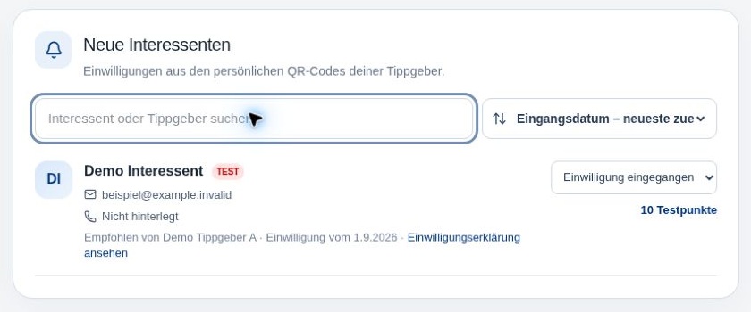 Interessentenbereich des Empfehlungstools mit ausschließlich synthetischem Demokontakt.