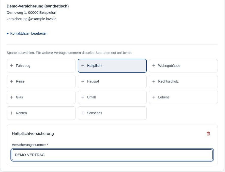 Originale Vertragsmaske der Kündigungshilfe mit synthetischem Beispielvertrag.