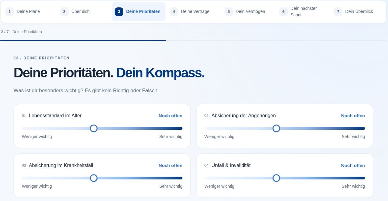 Originaler Analyseschritt im Lebenskompass ohne produktive Kundendaten.