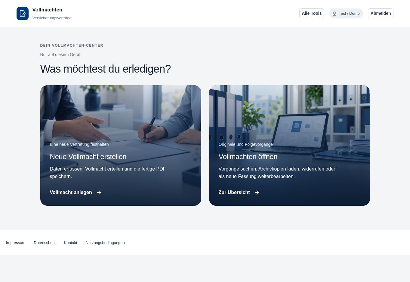 Originale Vollmacht-Startseite in einer isolierten Demo ohne produktive Vorgänge.
