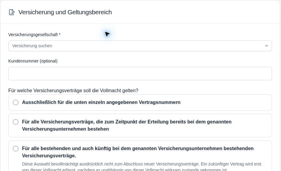 Originaler Bereich für Versicherung und Geltungsbereich, ohne echte Vertragsdaten.
